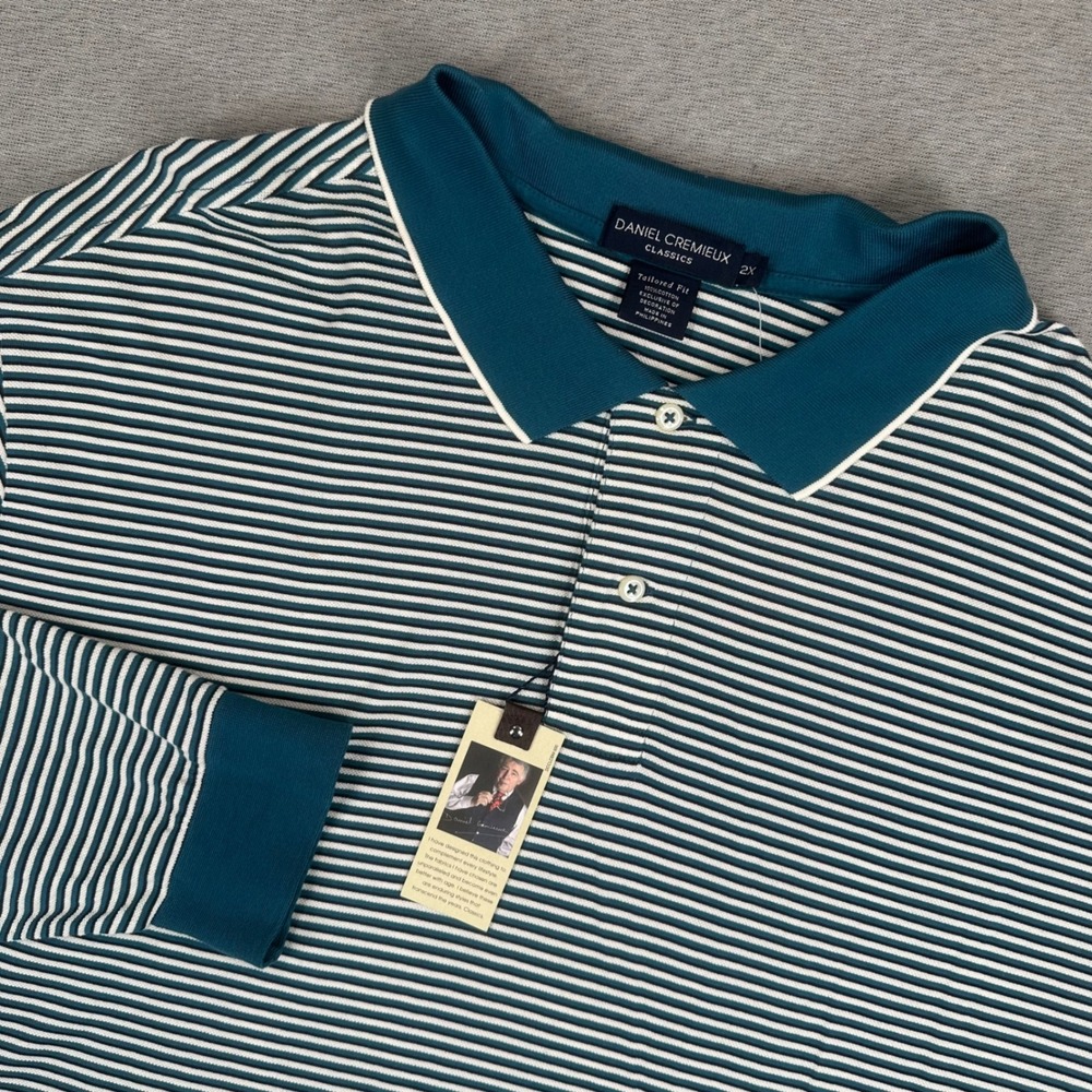 Cremieux Classics Polo Shirt Men 2X Big Teal Striped Long Sleeve Mesh NEW